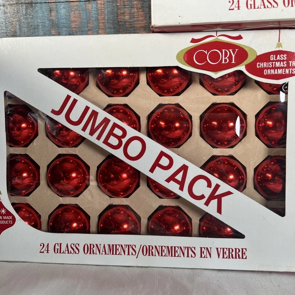 Vintage - 3 Jumbo‎ Boxes Of 24 Coby Christmas Tree Glass Ornaments Red & Blue